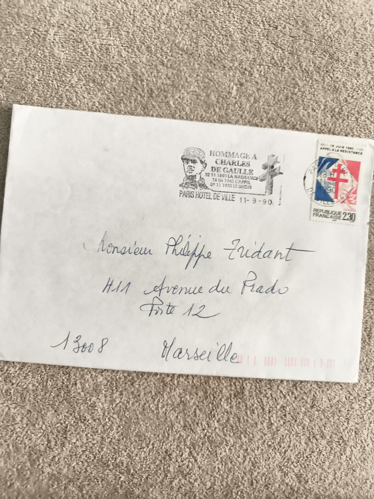 Lettre affranchie Hommage Charles de Gaulle 1990 cachet Paris timbre 2,30
