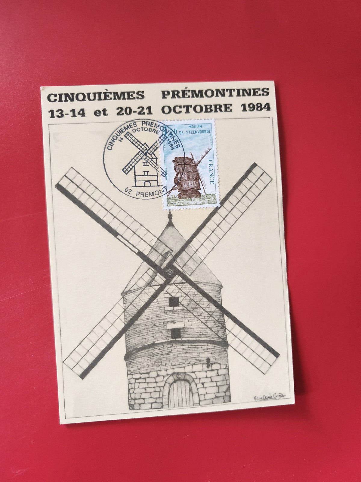 Carte postale philatélie moulin Prémontré 1984 timbre Steenvorde