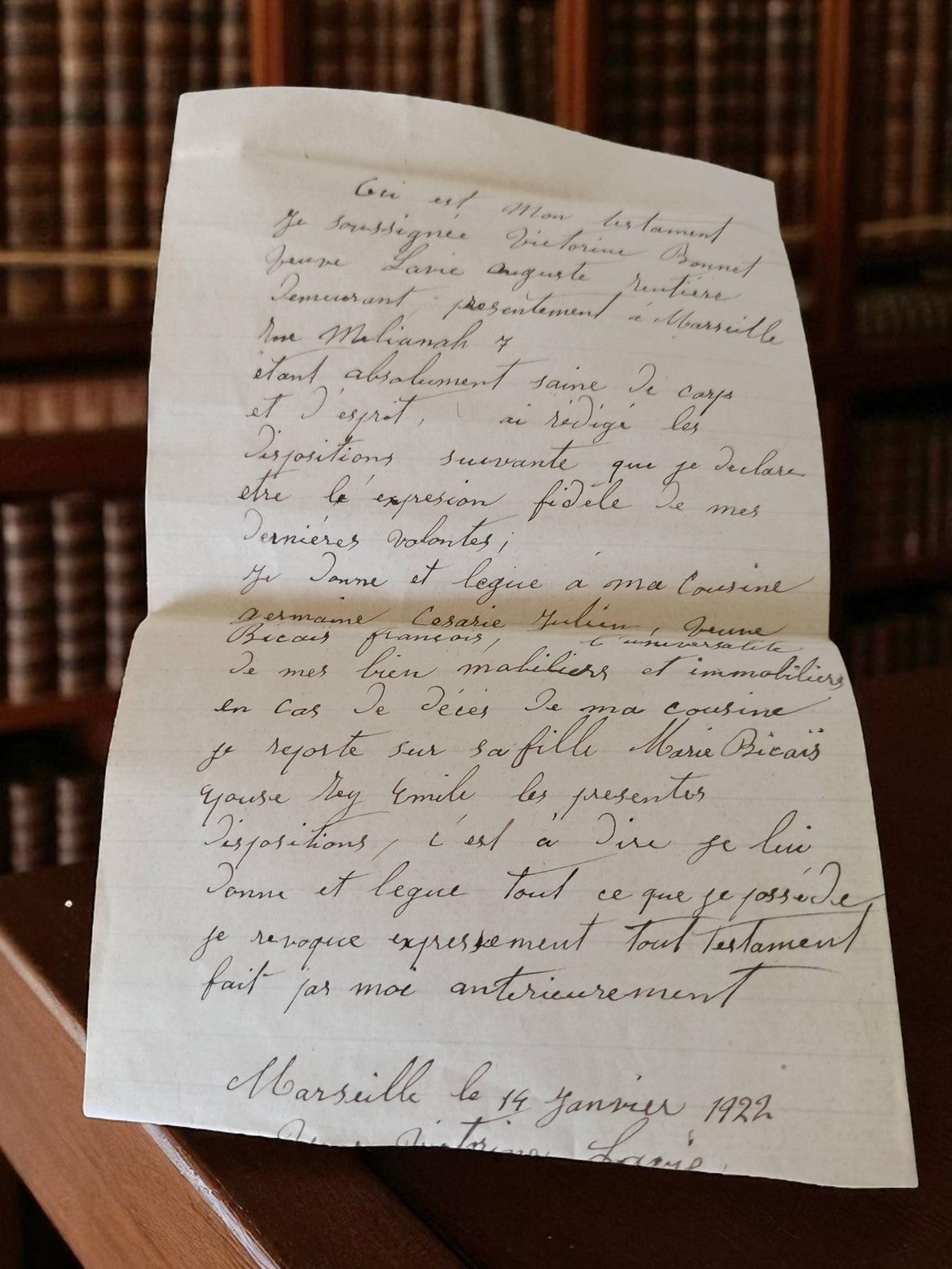 Testament manuscrit ancien 1922 français Marseille vintage document rétro