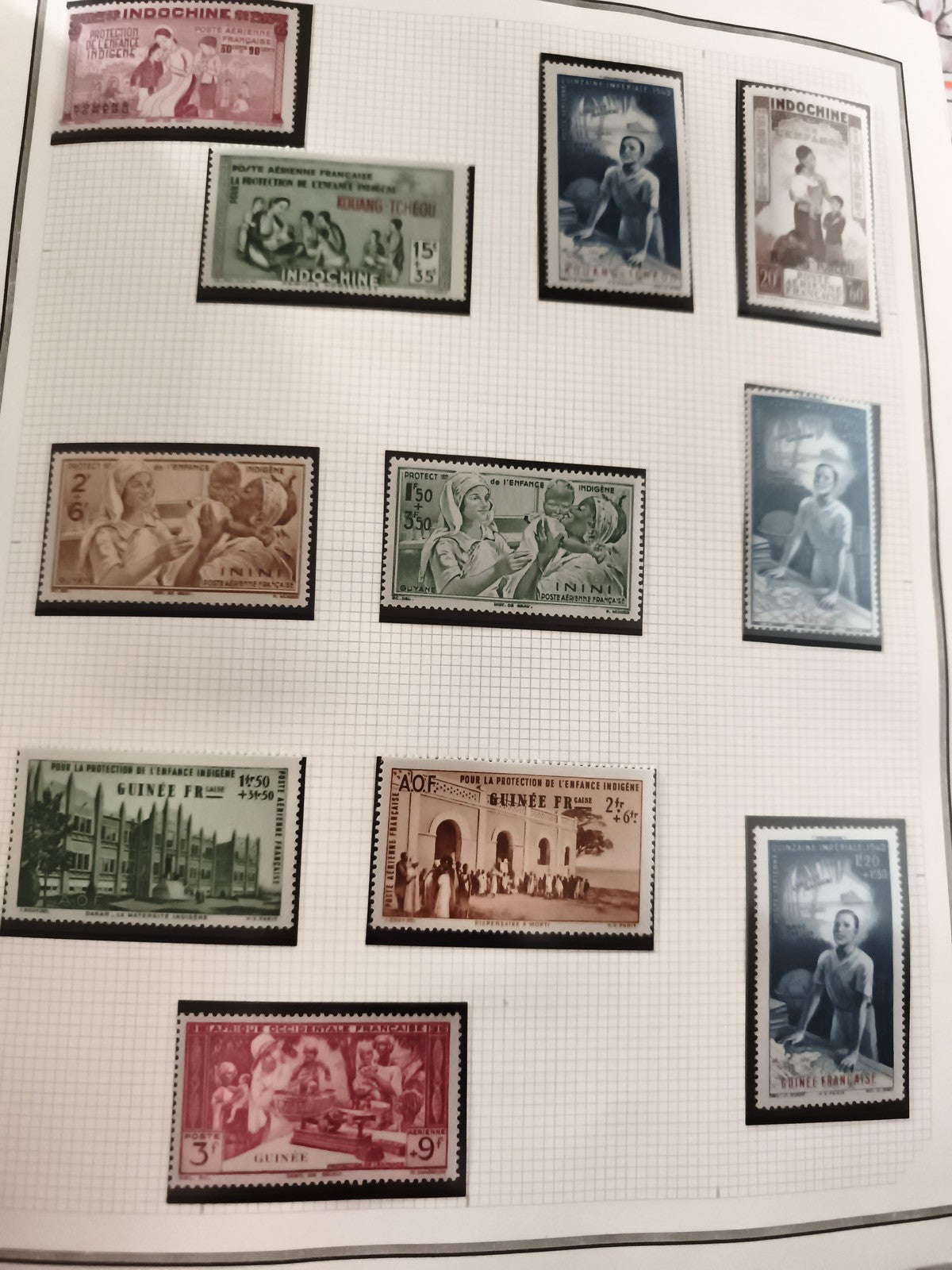 Timbres anciens Indochine Guinée Afrique lot neufs protection enfance