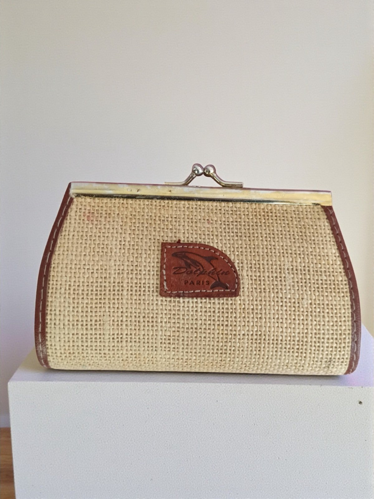Porte-monnaie vintage Dolphin Paris toile tressée et cuir, fermoir métal rétro