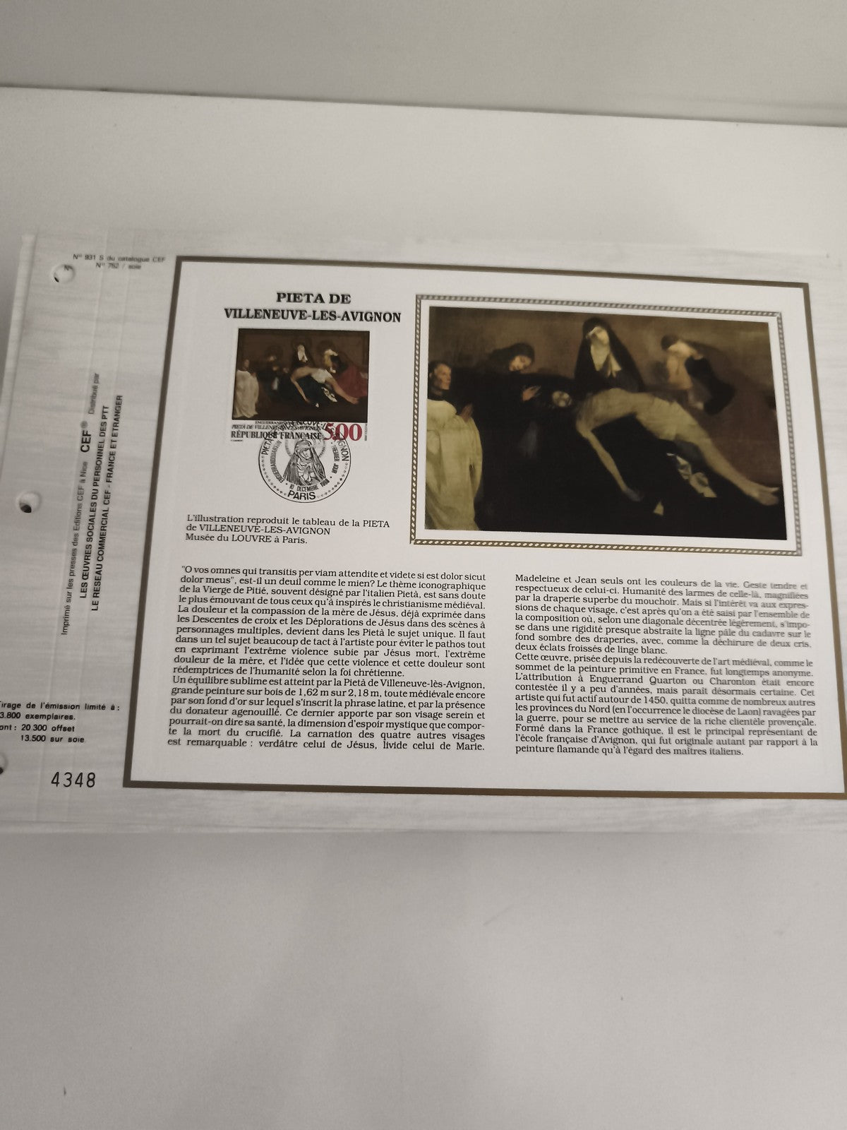 Feuillet philatélique CEF PIETA Villeneuve-lès-Avignon 500F oblitéré illustratio