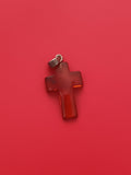 Pendentif croix ancienne ambre naturel brun translucide vintage religieux