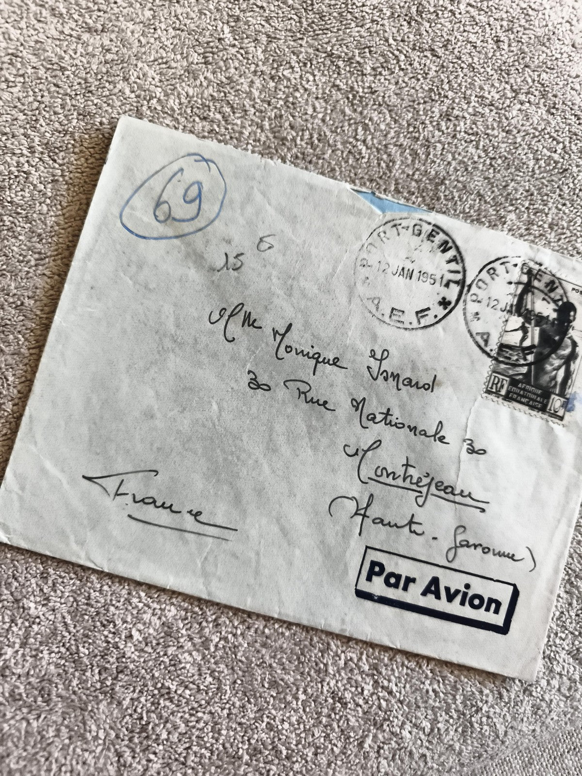 Lettre ancienne Port-Gentil 1951 affranchie timbre Par Avion France philatélie