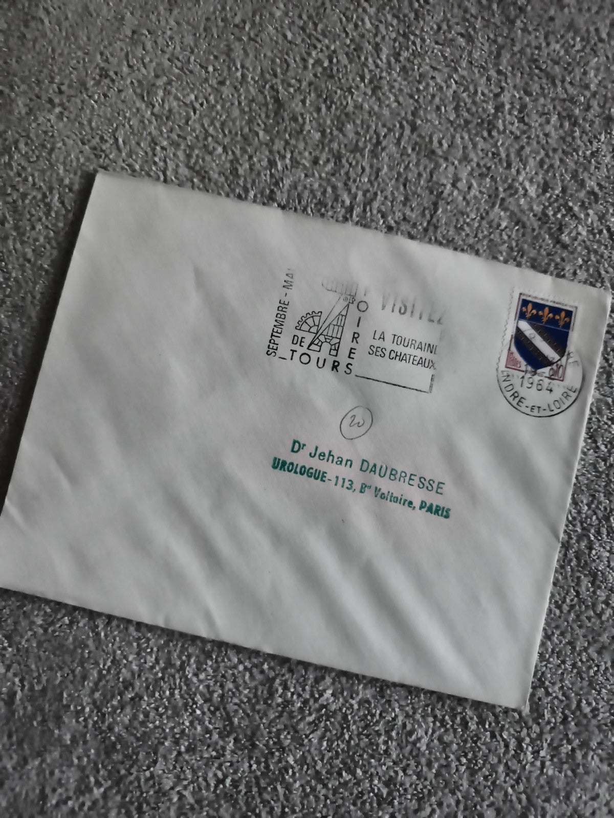 Lettre oblitérée Tours 1964 timbre blason Indre-et-Loire philatélie (Ref 27)