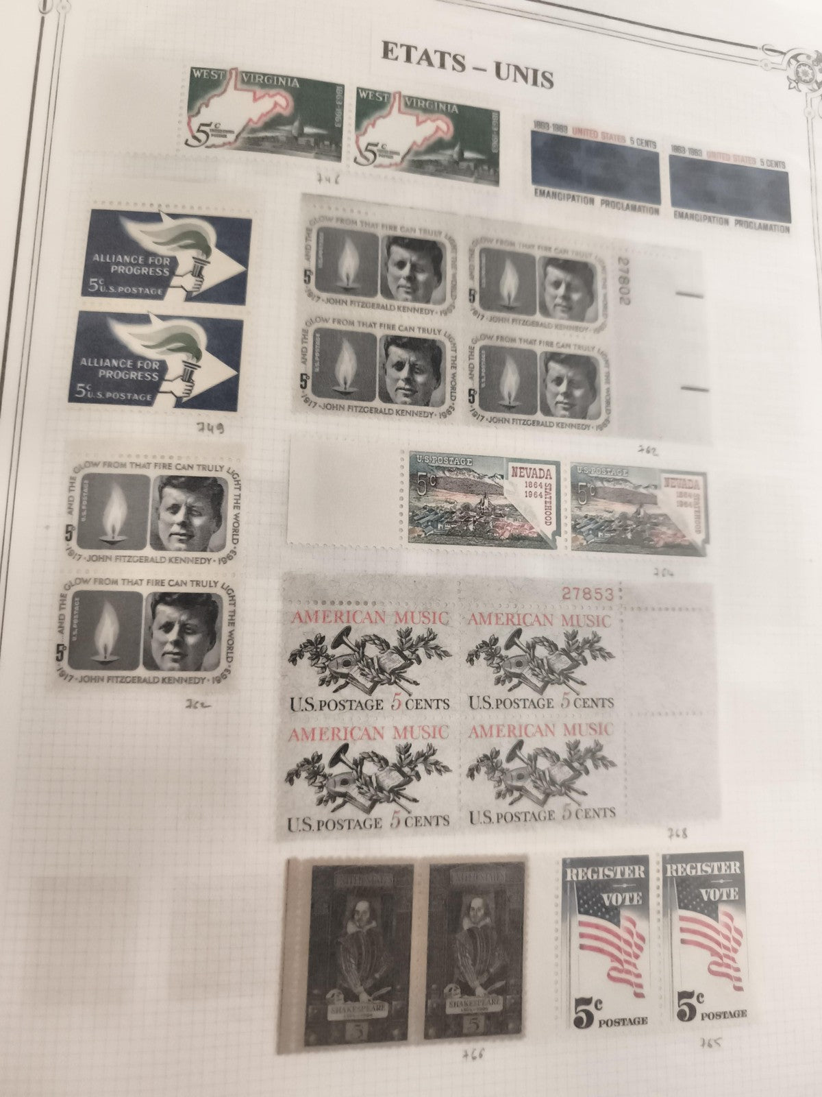 Timbres anciens USA 5 cents JFK, West Virginia, American Music, Nevada, lot vint