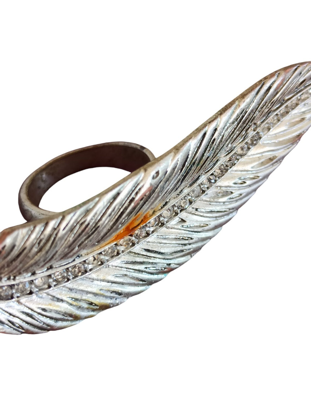 Bague plume vintage strass style rétro argenté taille 59 bijou fantaisie