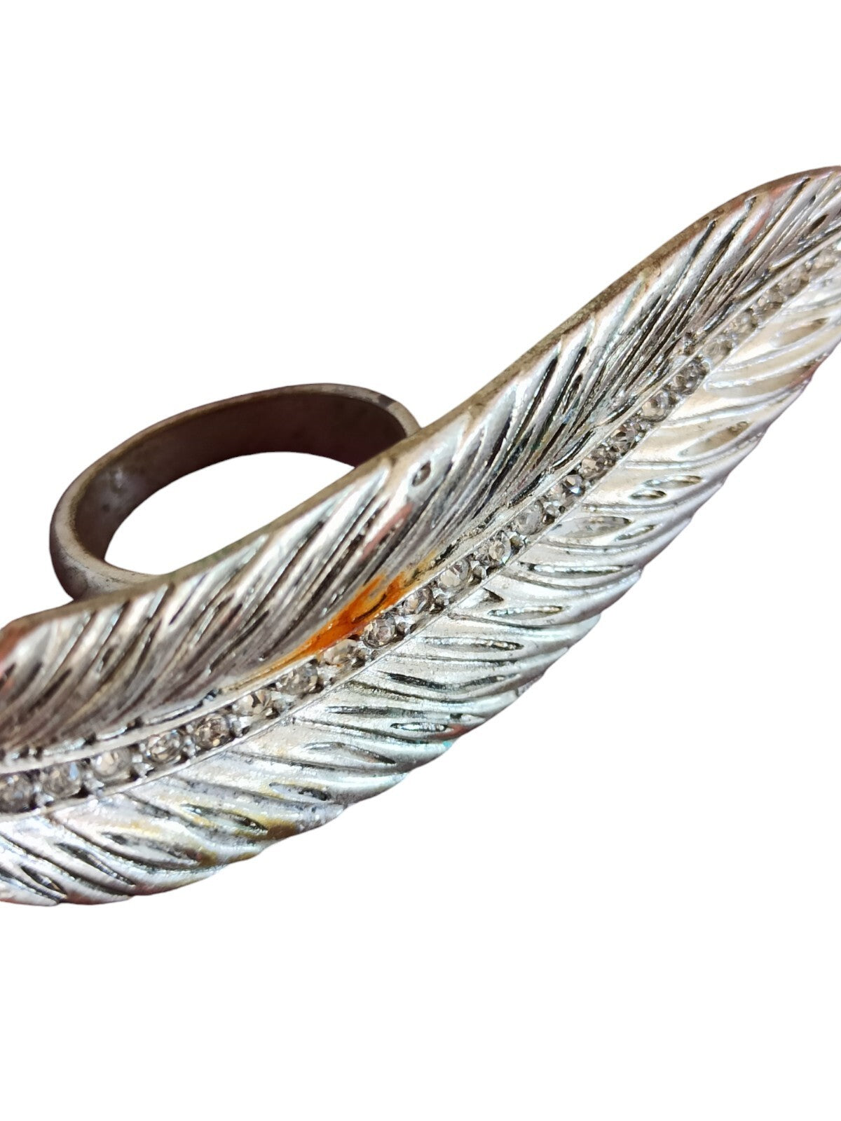 Bague plume vintage strass style rétro argenté taille 59 bijou fantaisie