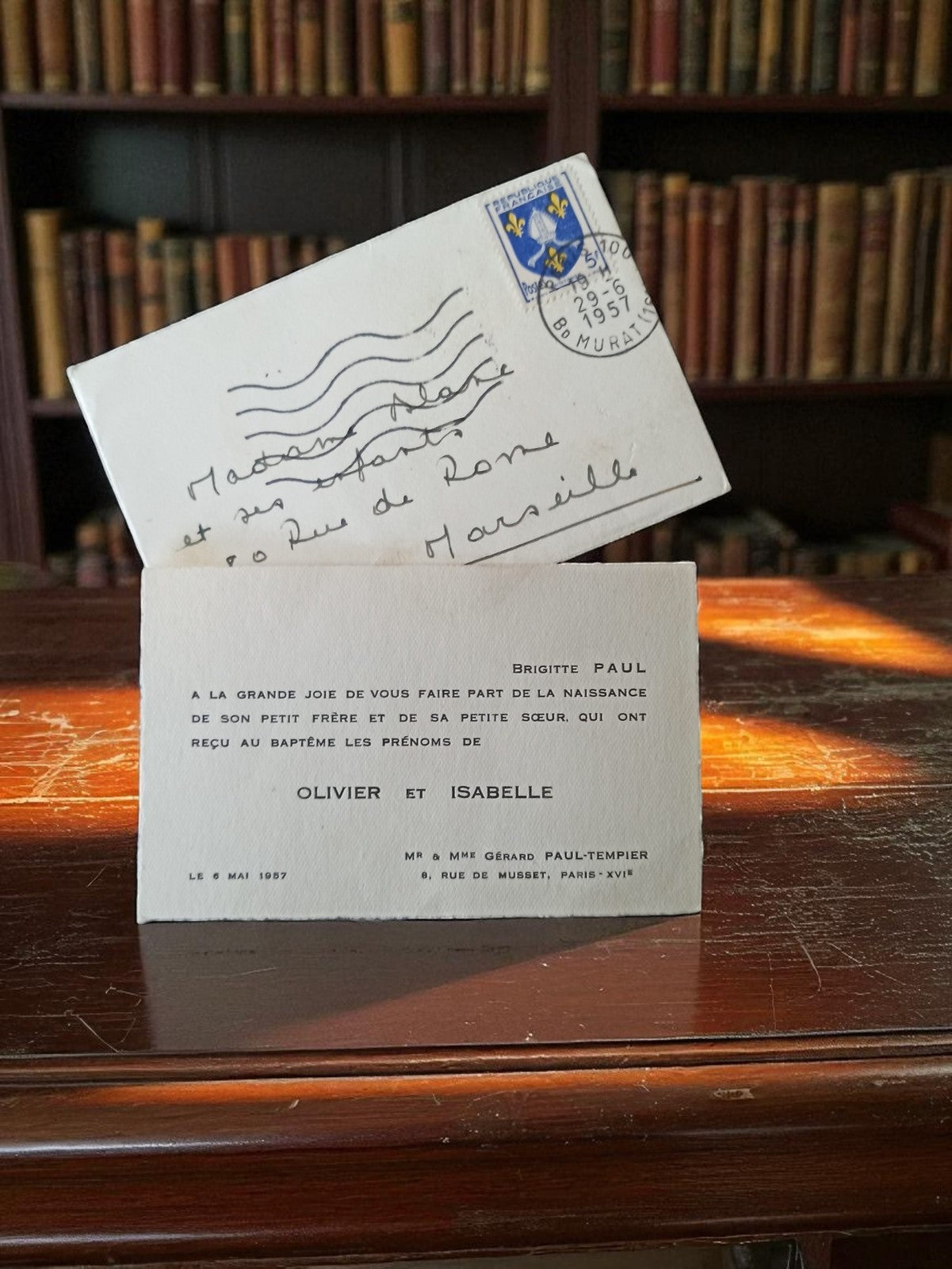 Faire-part de naissance ancien 1957 Marseille + enveloppe timbrée vintage rétro