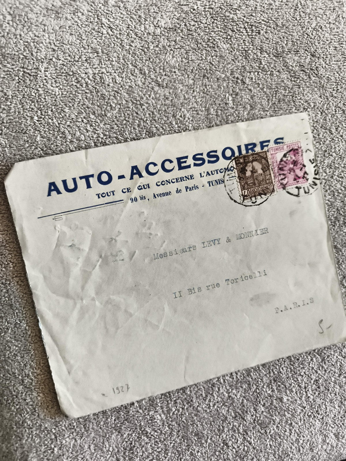 Lettre Auto-Accessoires Tunis 1927 timbres Tunisie philatélie cachet Paris