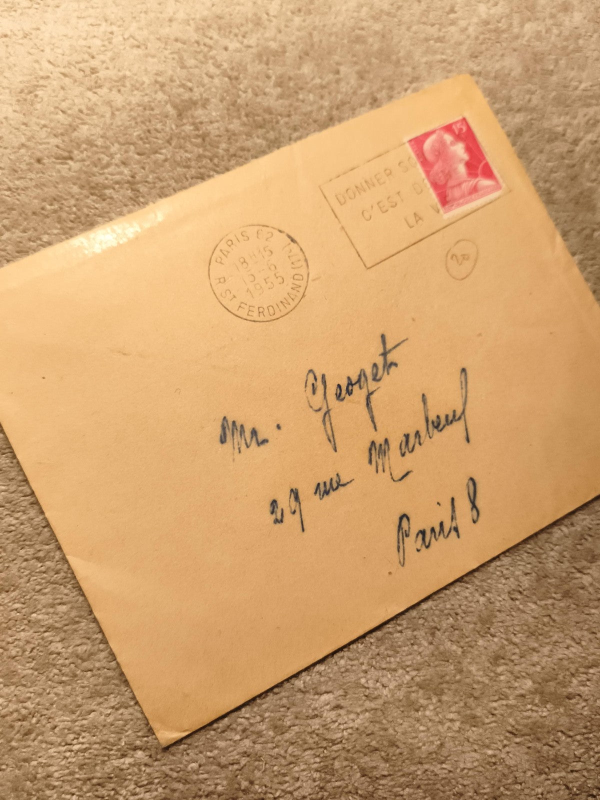 Lettre oblitérée 1955 Paris timbre Marianne 15c philatélie poste ancienne