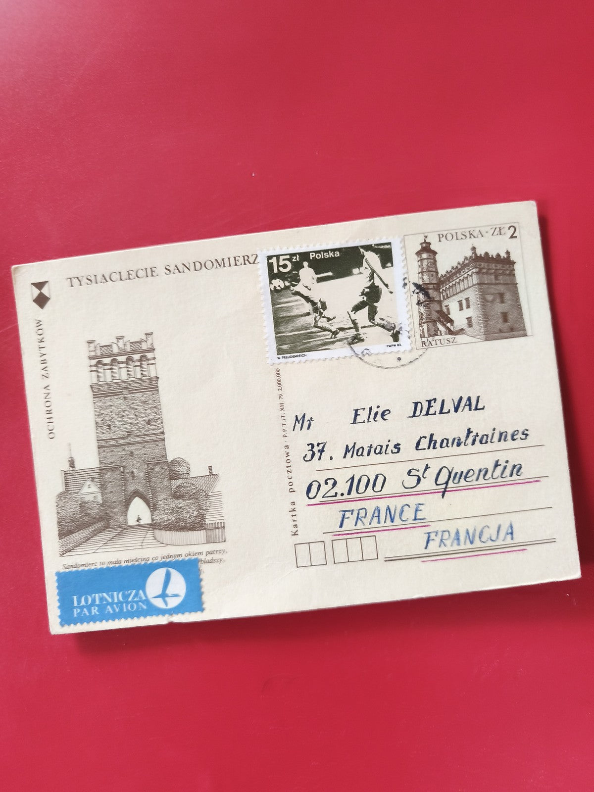 Carte postale philatélie Pologne Sandomierz affranchie timbres sportifs