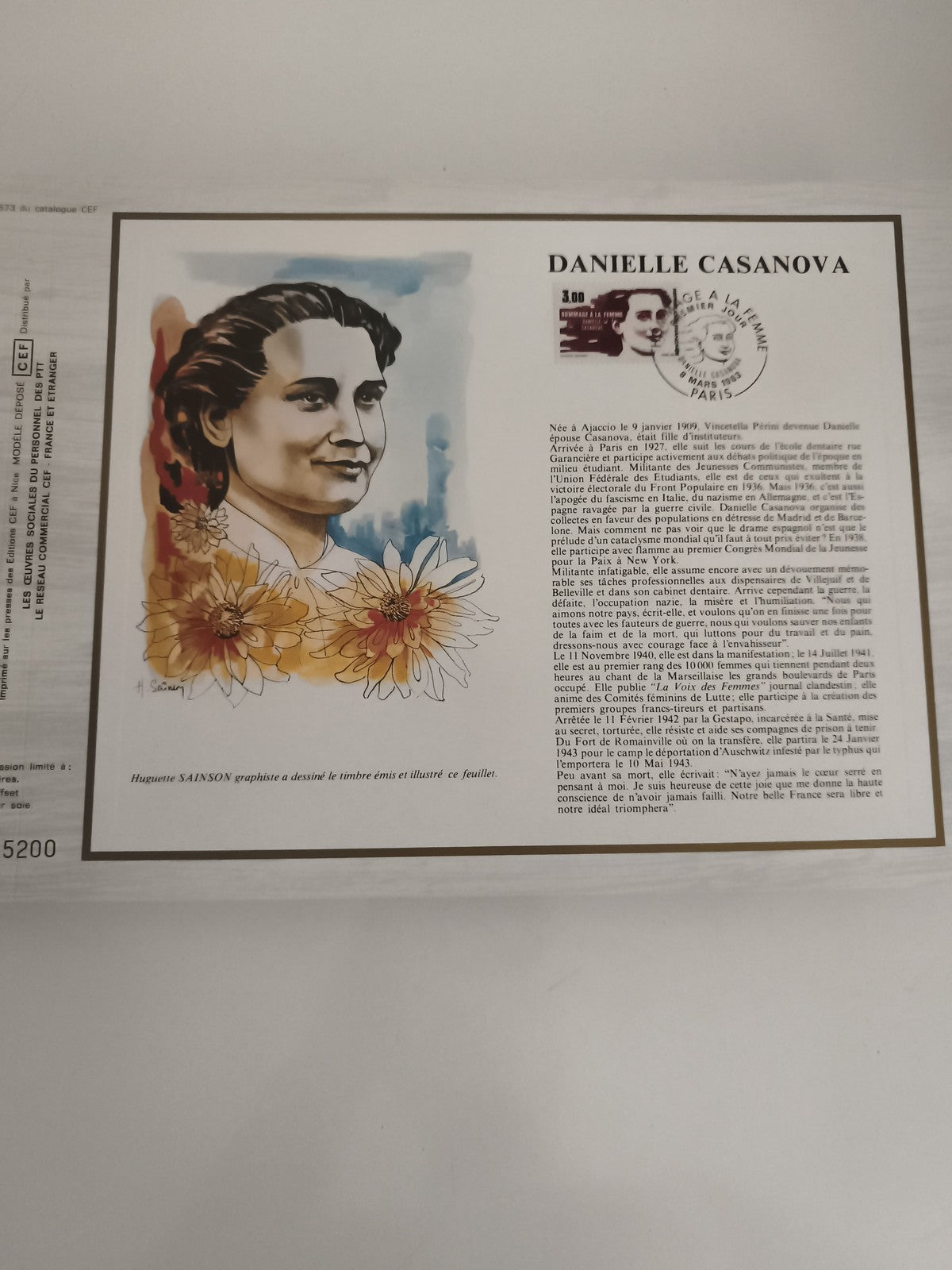 Feuillet CEF philatélie Danielle Casanova timbre illustré oblitéré France