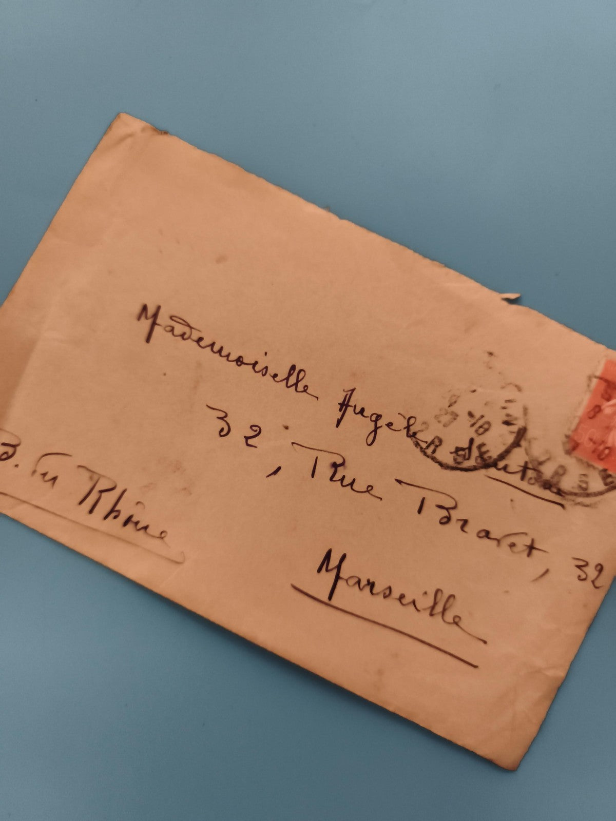 Lettre ancienne oblitérée timbre rouge écriture manuscrite Marseille philatélie