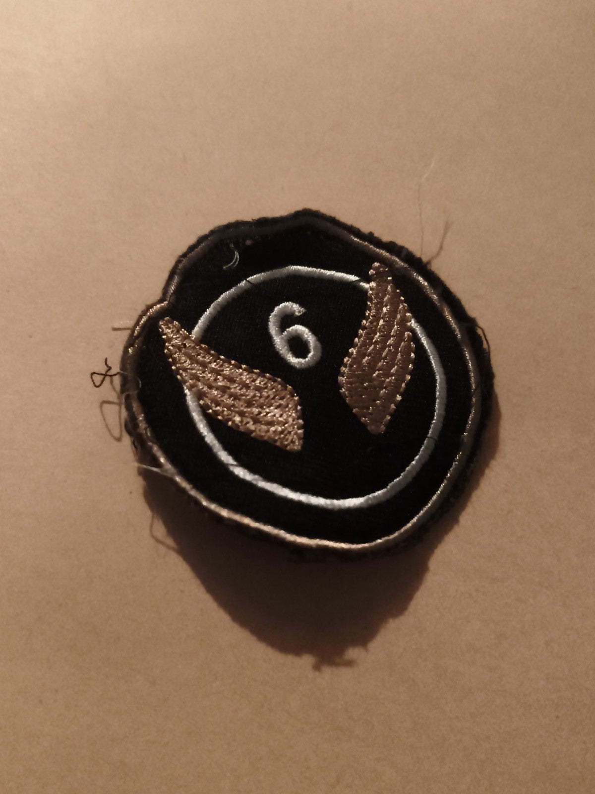 Écusson ancien brodé numéro 6 ailes dorées badge vintage patch
