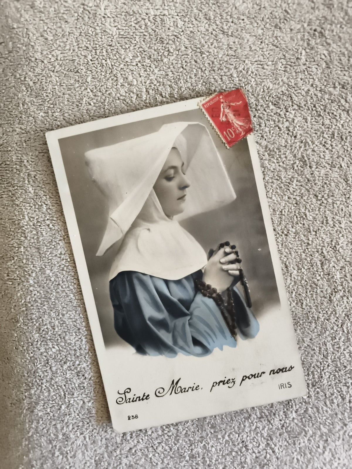 CPA religieuse Sainte Marie priez pour nous IRIS timbre 10c bleu blanc