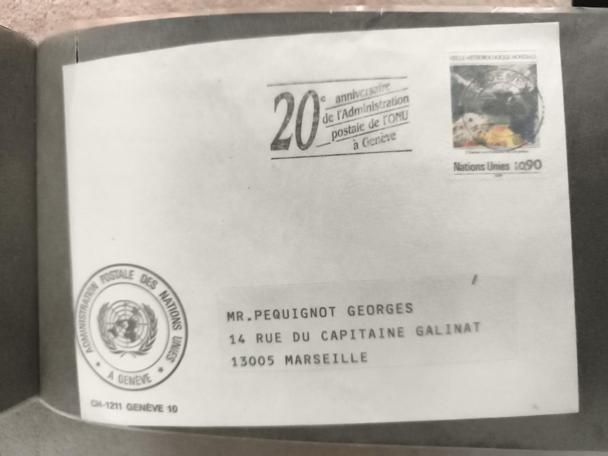 Lettre ONU Genève 20e anniversaire Administration postale, oblitération 0,90