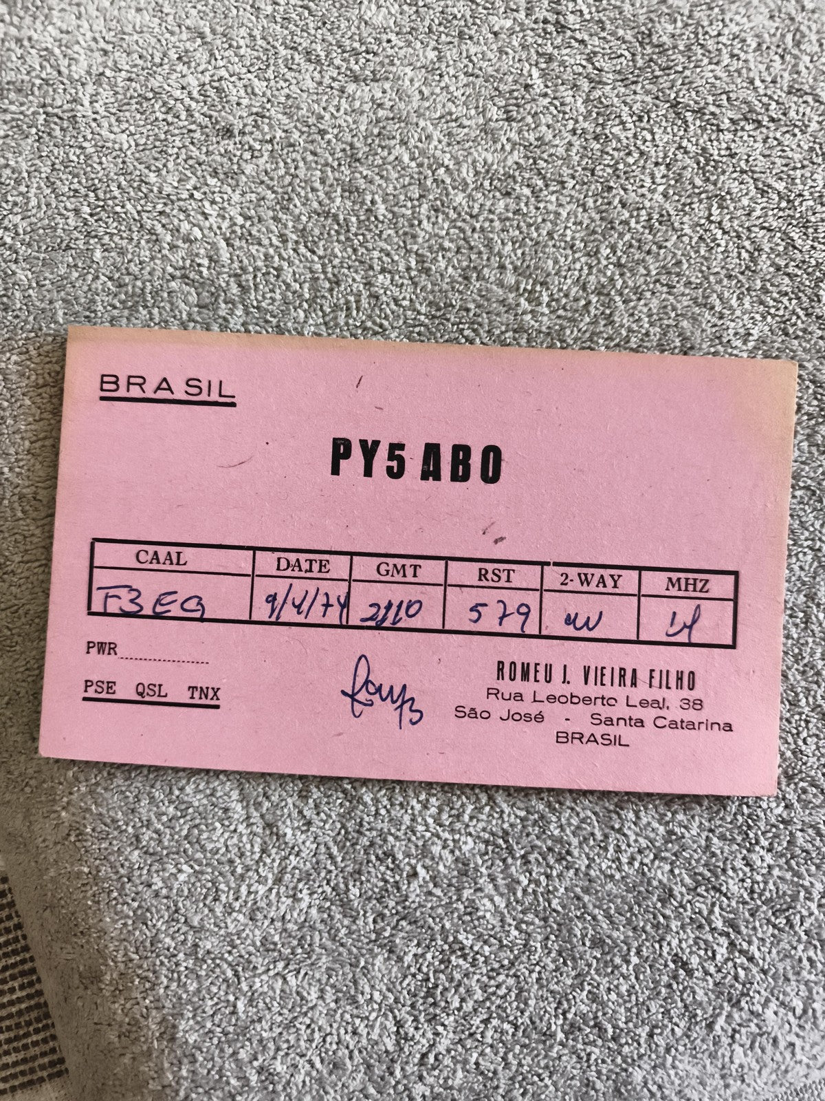 Carte QSL radio amateur ancienne PY5ABO Brésil 1974 vintage QSO pink