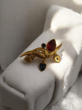 Broche vintage dorée, pierres rouge et bleu, bijou rétro ancien métal