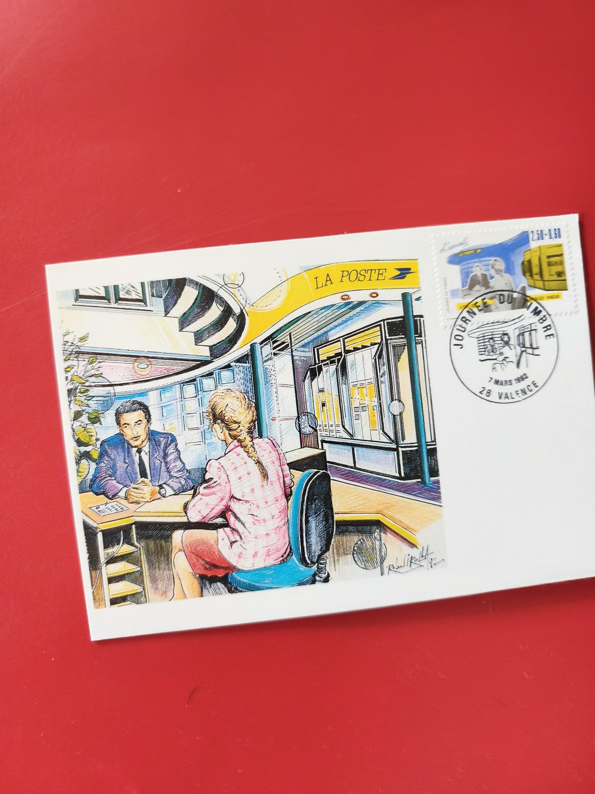 Carte postale philatélie La Poste oblitérée, illustration guichet postal