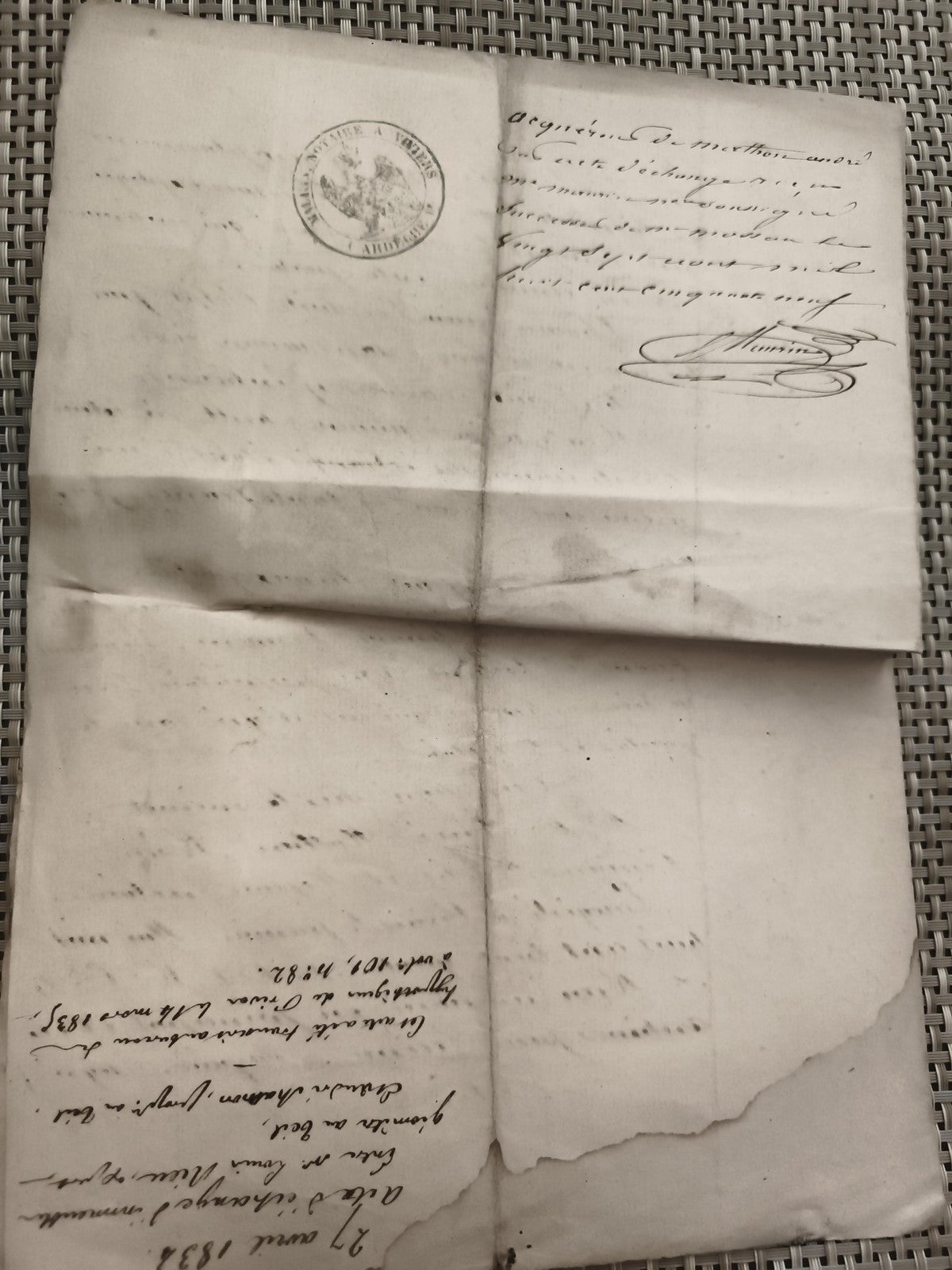 Document manuscrit ancien 1834 notaire échange terres Viriers Allier cachet