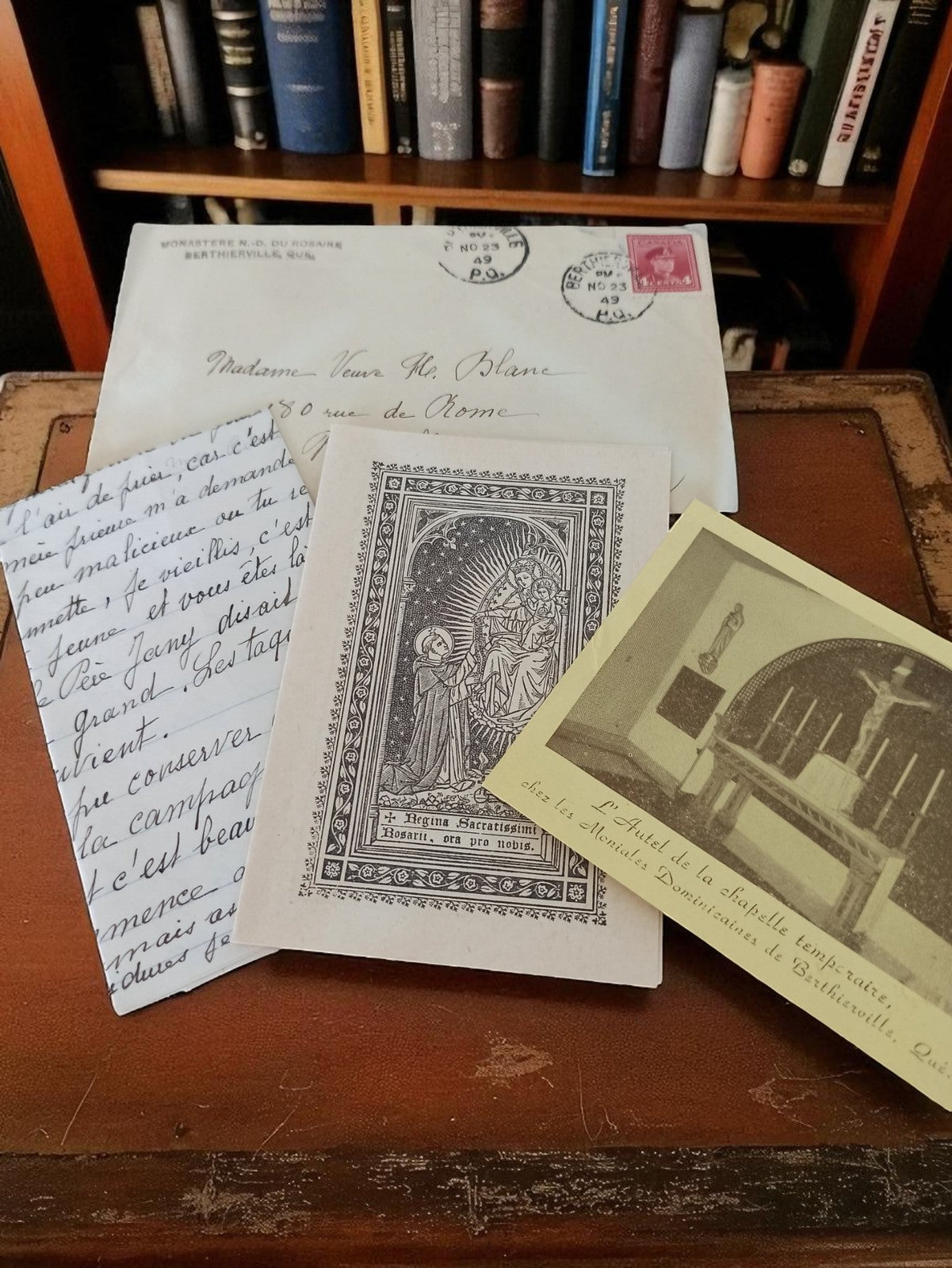 Lettre manuscrite ancienne 1949 + enveloppe, Berthériville, carte religieuse
