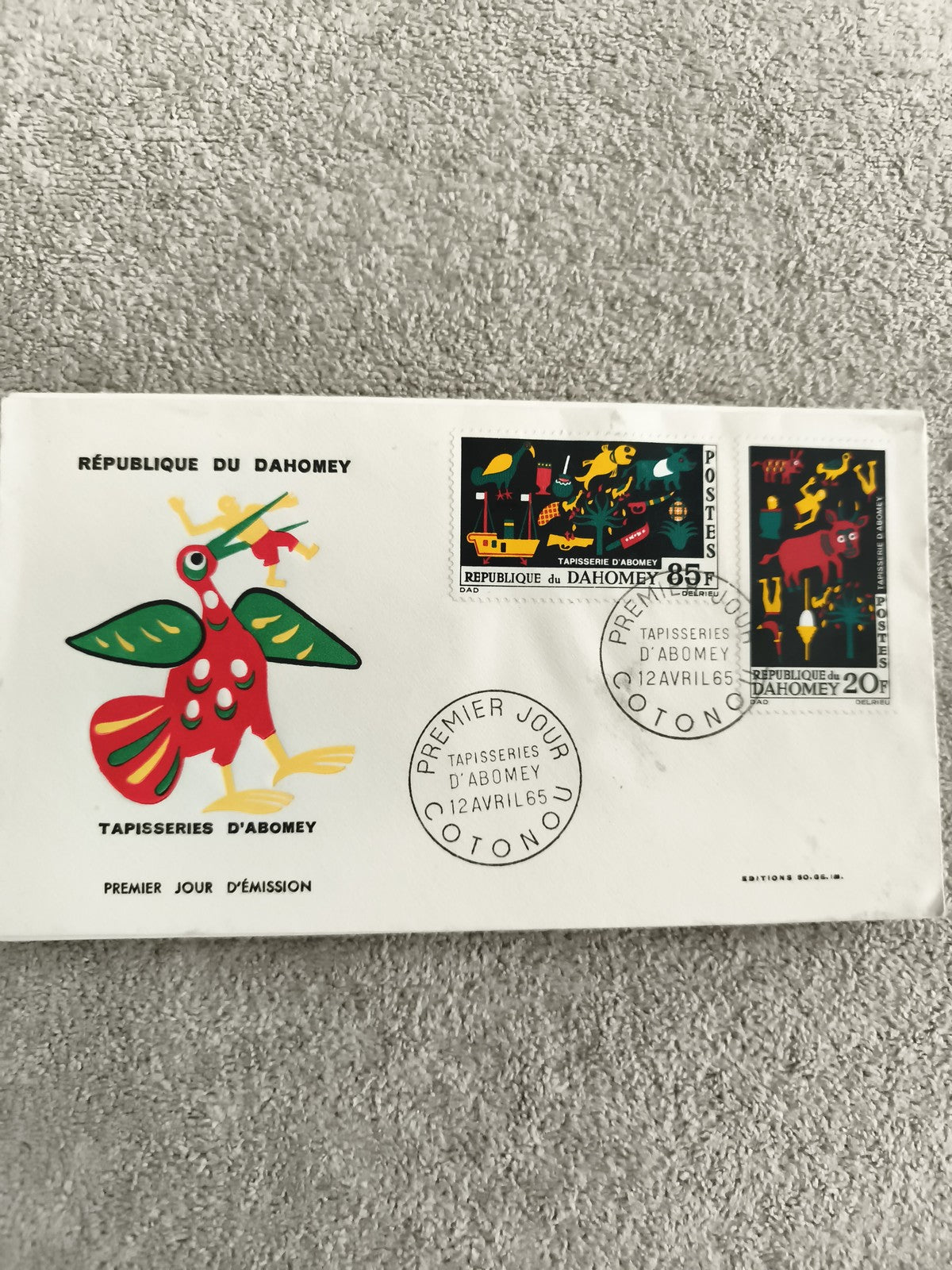 Lettre Premier Jour Dahomey 1965 Tapisseries Abomey, 2 timbres illustrés