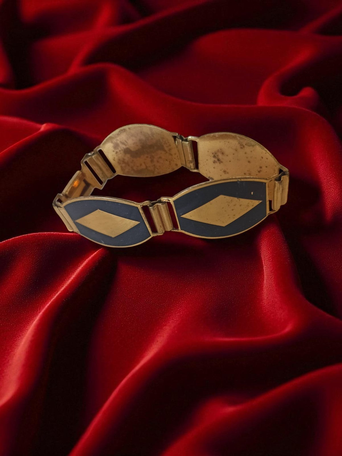 Bracelet vintage plaqué or massif, motif losange bleu, bijou ancien