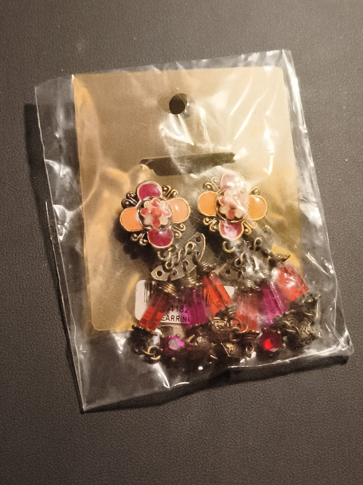 Boucles d’oreilles vintage pendantes fleurs émaillées deadstock rose orange rétr