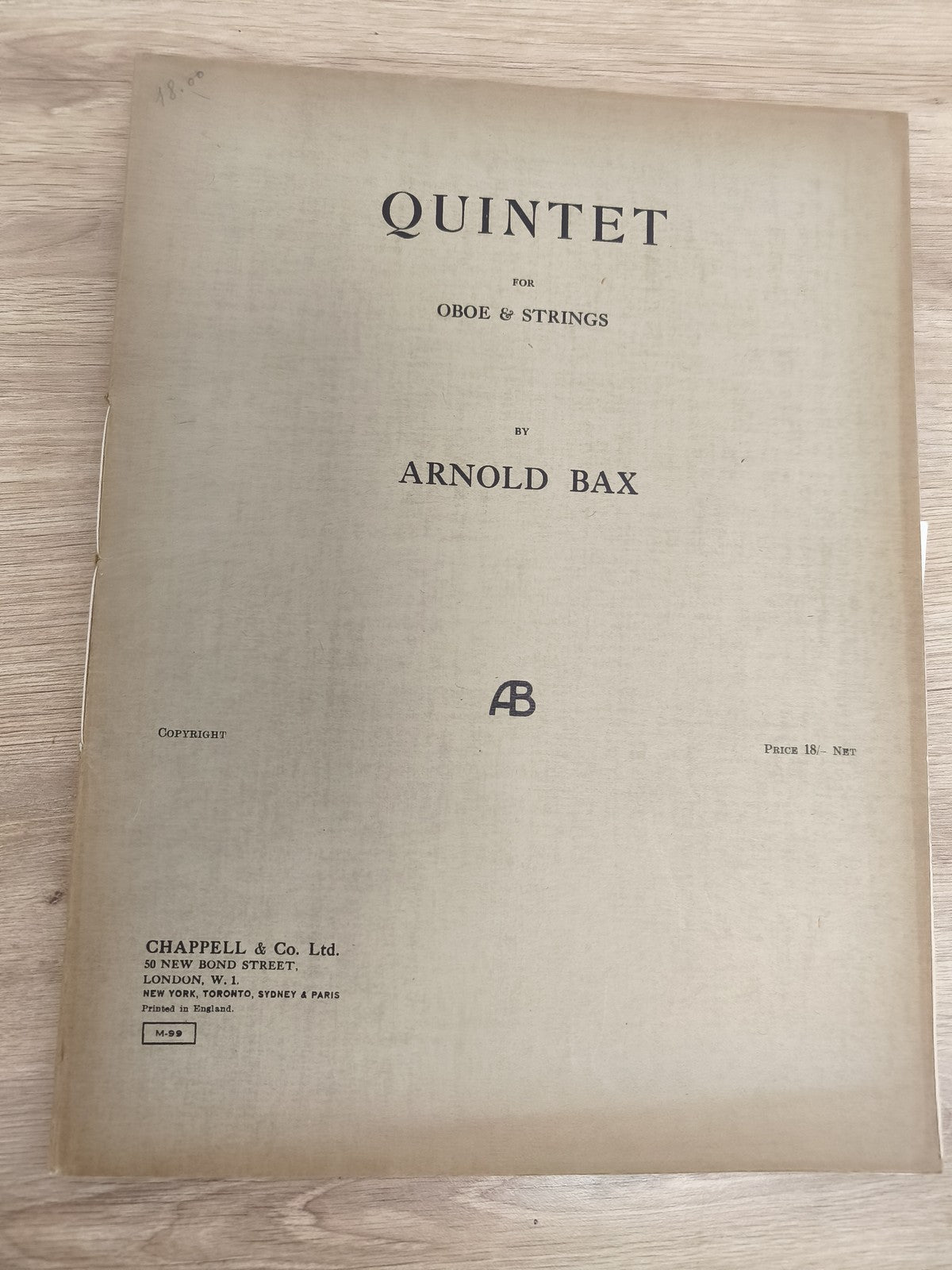 Ancien recueil partitions Quintet Arnold Bax pour hautbois et cordes vintage