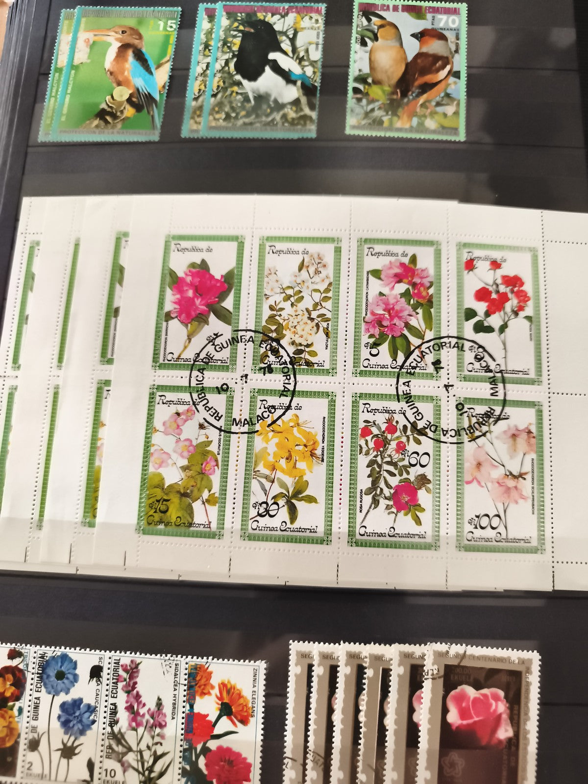 Timbres anciens Guinée Équatoriale oiseaux fleurs oblitérés philatélie vintage