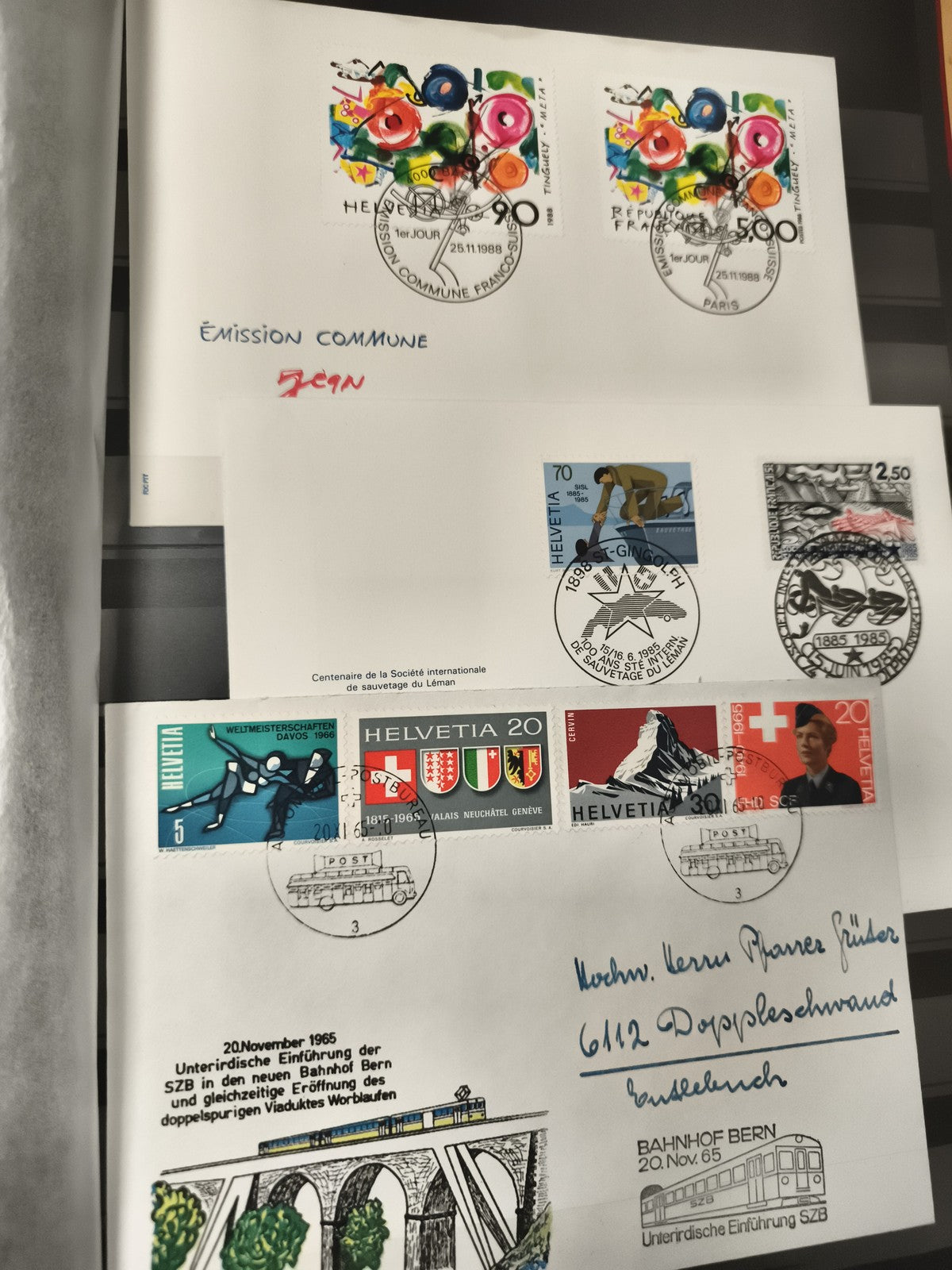 Lot de 3 enveloppes Premier Jour Suisse France, timbres Helvetia, oblitérations