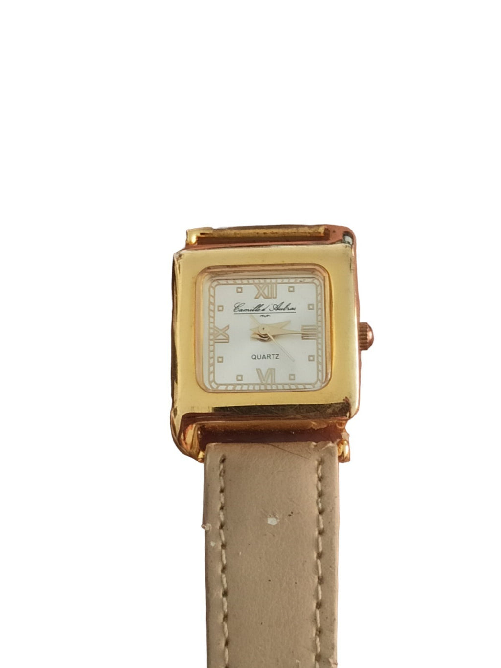 Montre vintage Camille d'Aubrac quartz cadran carré doré, bracelet clair rétro