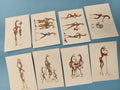 Lot 8 cartes anciennes signées girafes fantaisie, illustrations originales (Ref