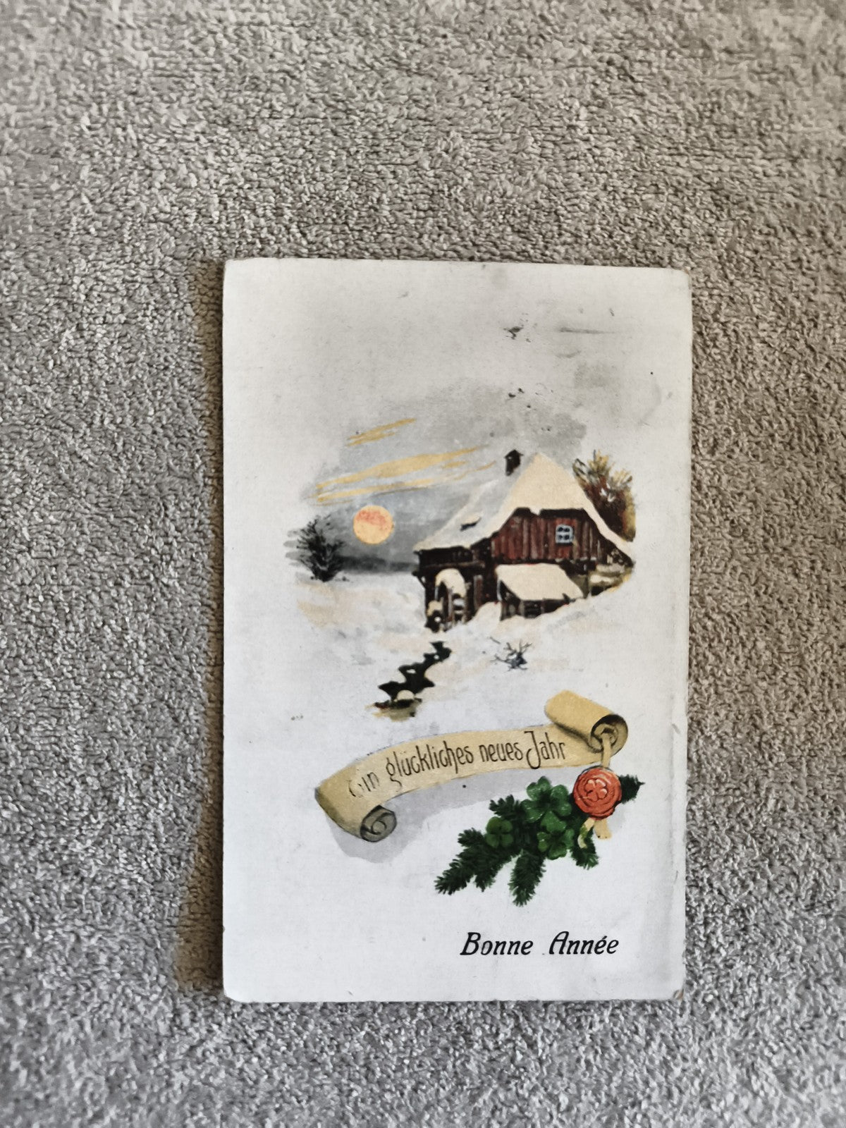 CPA Bonne Année chalet neige paysage hiver multilingue début XXe