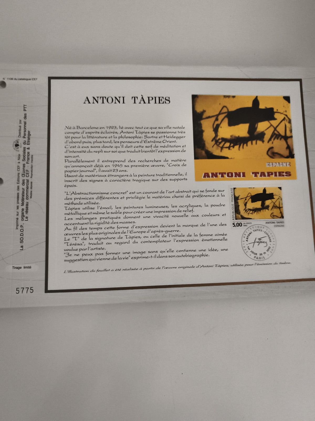 Feuillet CEF Antoni Tàpies Espagne timbre 5F oblitéré philatélie art abstrait