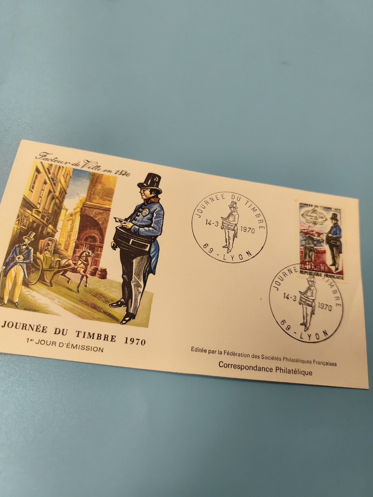 Enveloppe premier jour FDC Journée du Timbre 1970 Lyon illustrée facteur