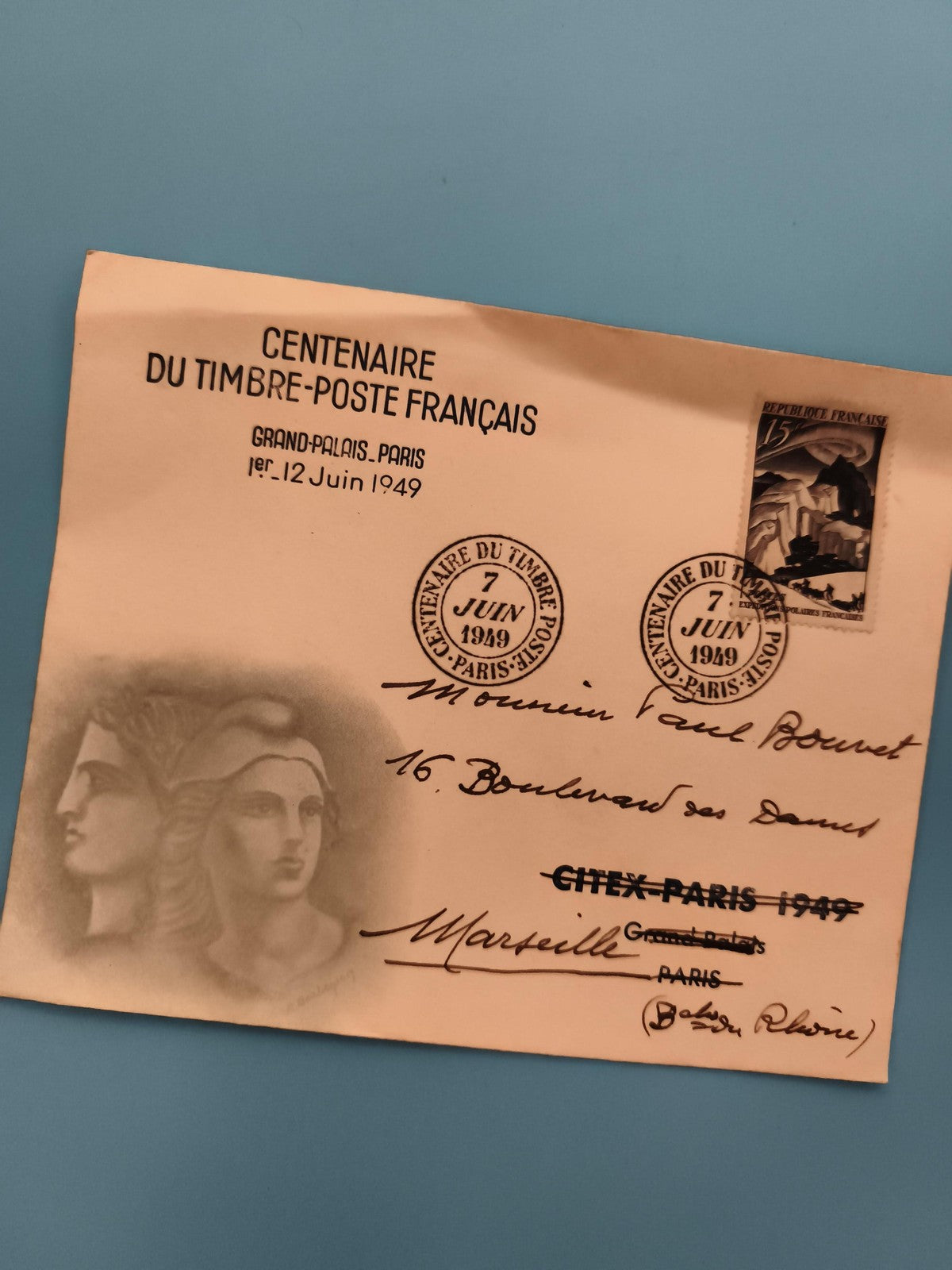 Lettre premier jour Centenaire du Timbre-Poste Français 1949 Paris Marseille