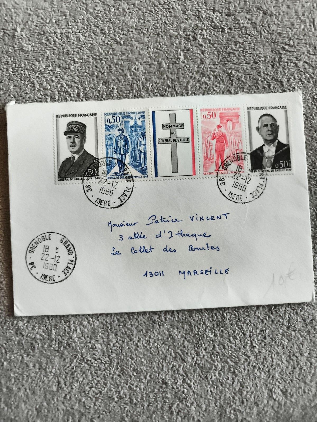 Lettre affranchie timbres De Gaulle 1980 oblitération Grenoble philatélie France