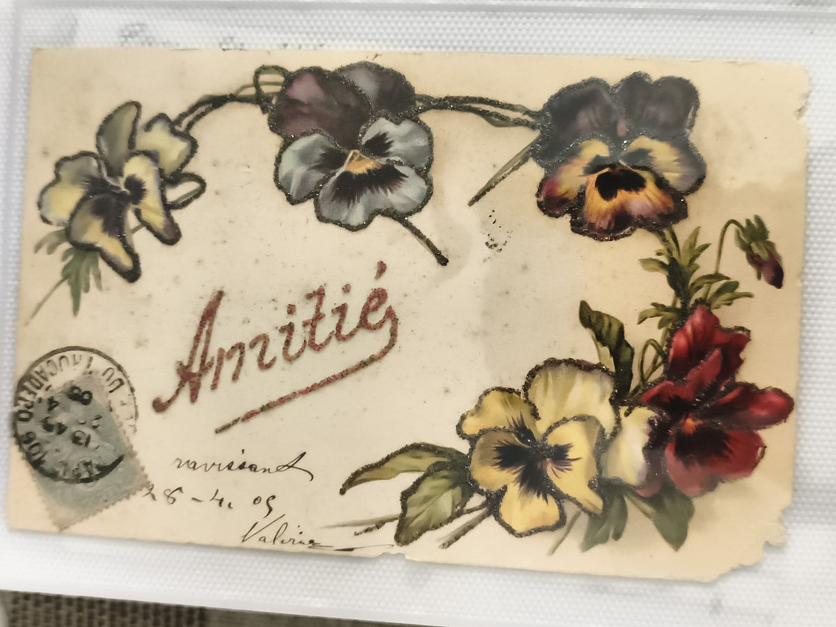 Carte postale ancienne fleurs pensées Amitié 1905 décor relief CPA vintage