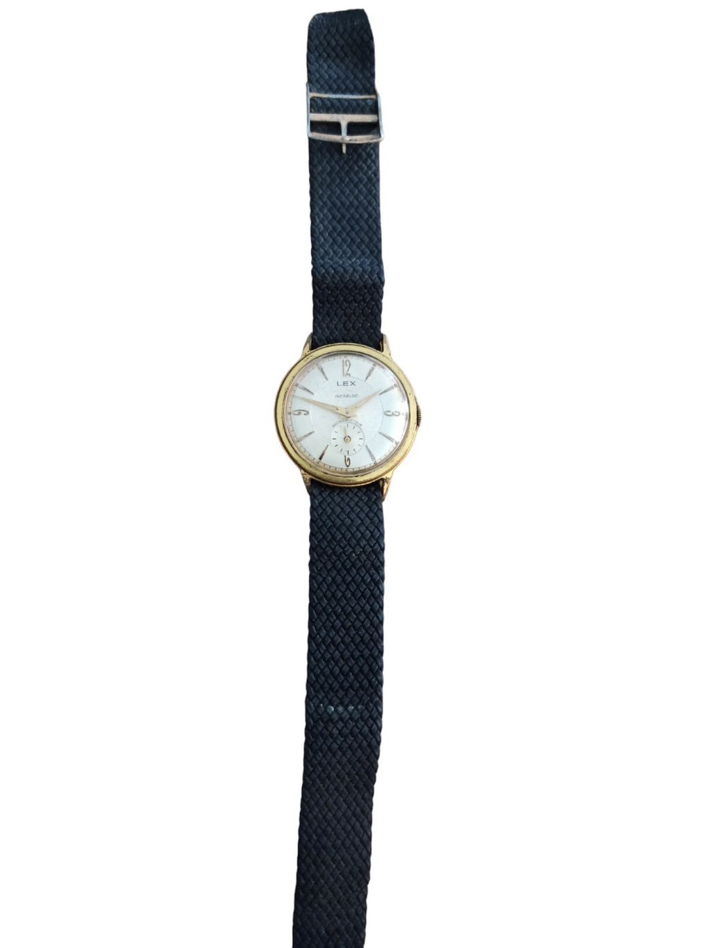 Montre vintage LEX Incabloc automatique cadran blanc, bracelet tressé bleu