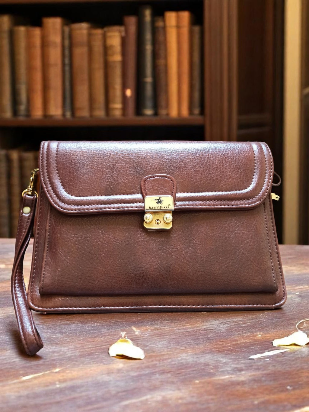 Sac à main vintage David Jones marron femme pochette rétro fermoir doré