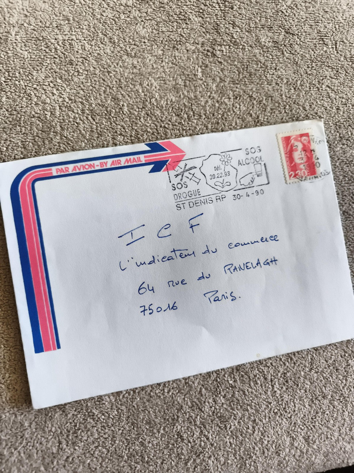 Lettre affranchie France 2,30 Marianne, cachet SOS Drogue 1990, enveloppe Par Av