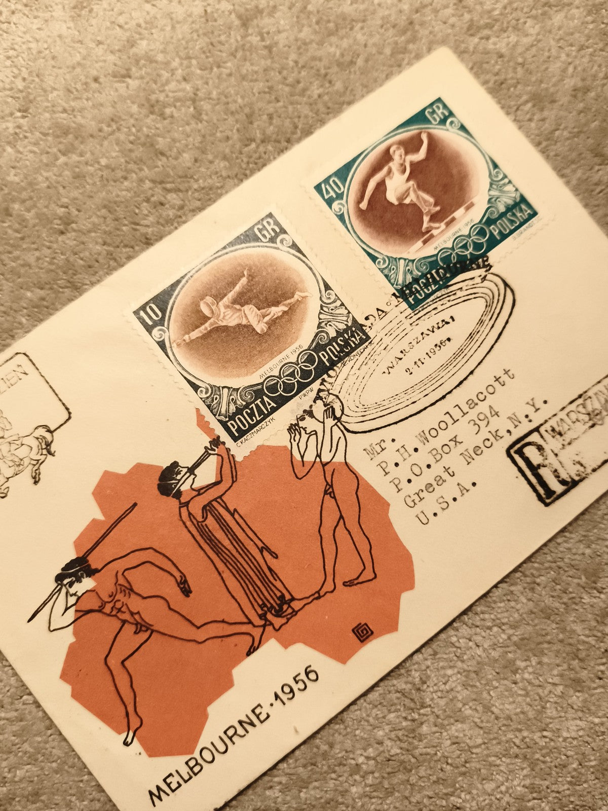 Lettre premier jour JO Melbourne 1956 Pologne timbres sport Poczta Polska philat