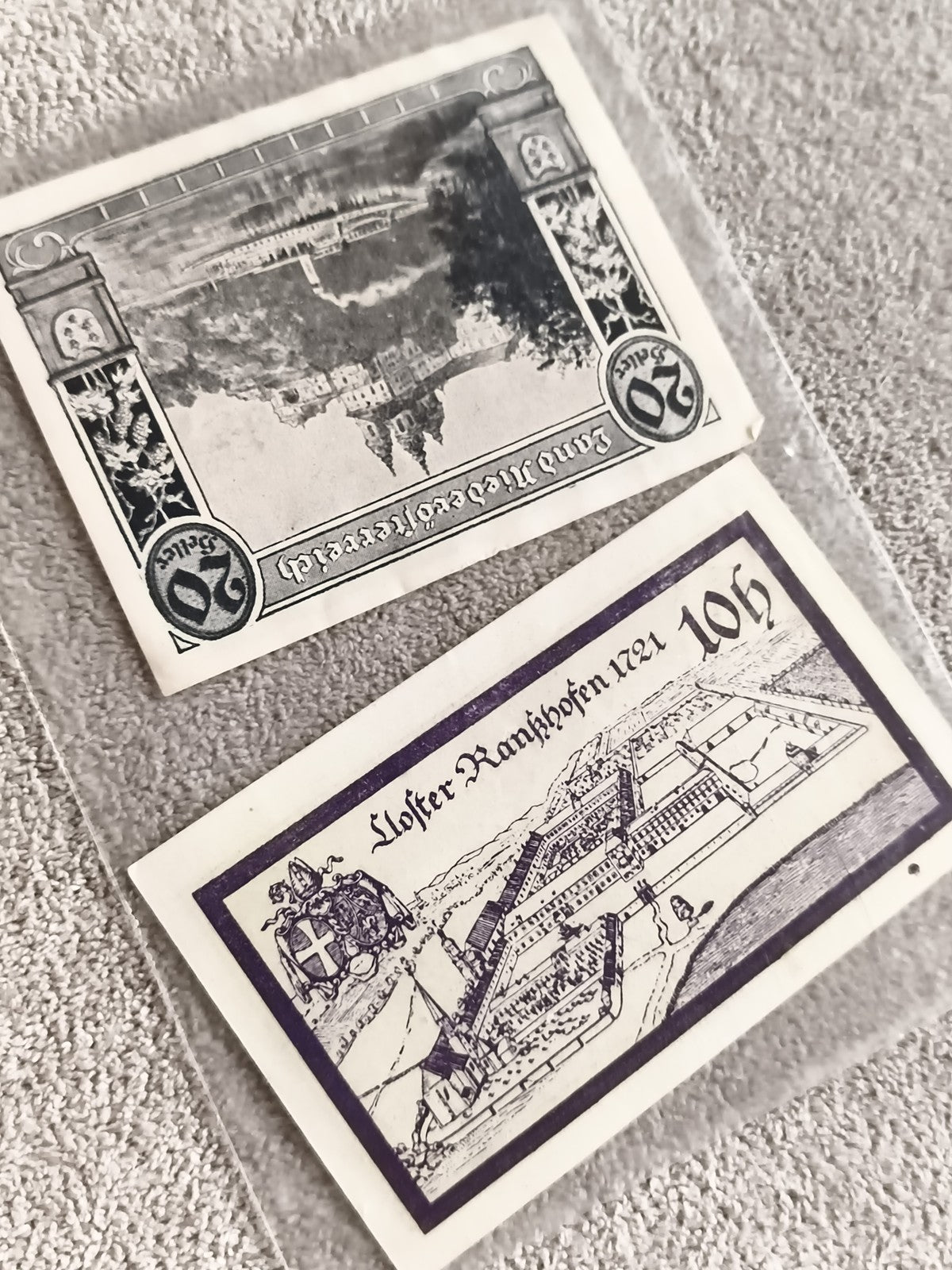 Billets anciens Allemagne Notgeld illustrés, 20 et 10 Pfennig, scènes historique