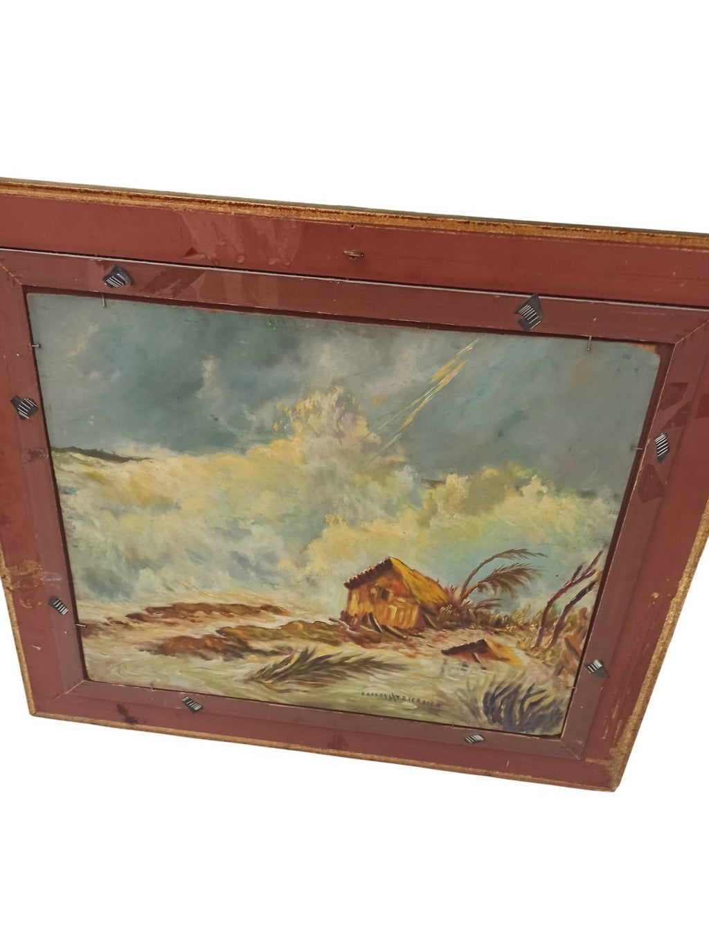 Tableau ancien bateau signé Raphael Tricarico peinture vintage marine cadre doré