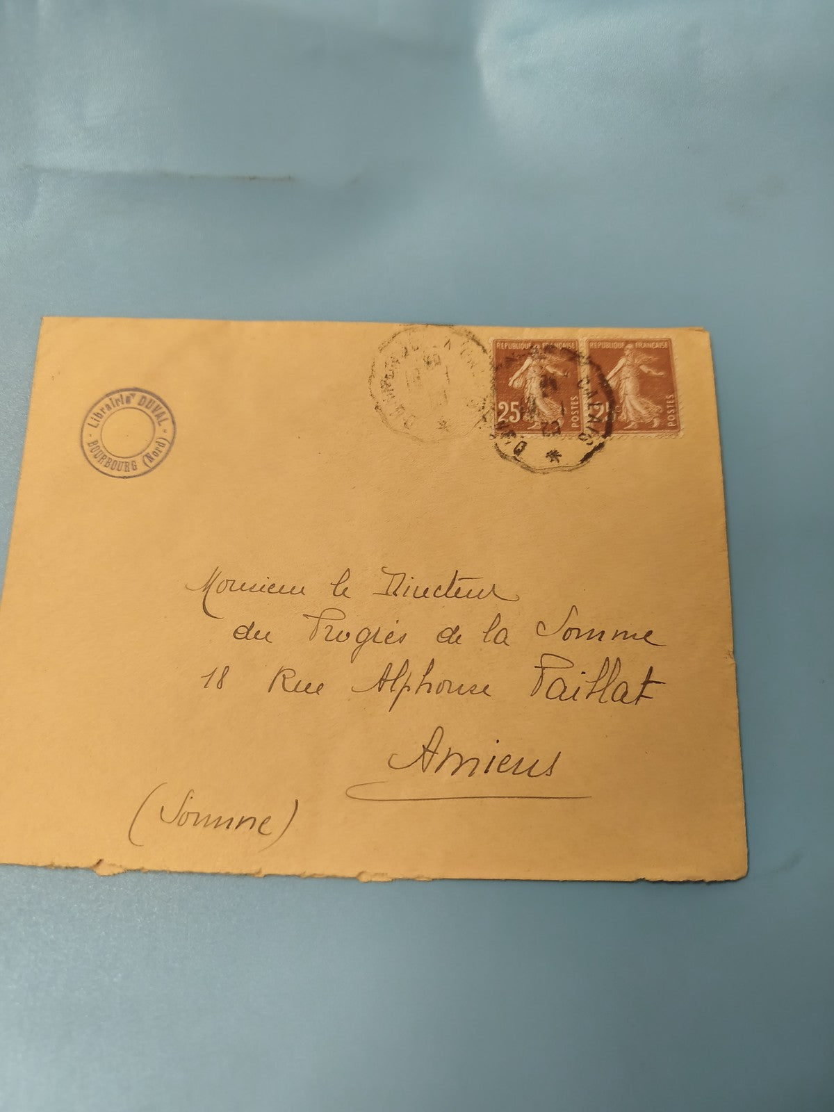 Ancienne enveloppe oblitérée début XXe philatélie timbres Semeuse 25c (Ref 6)