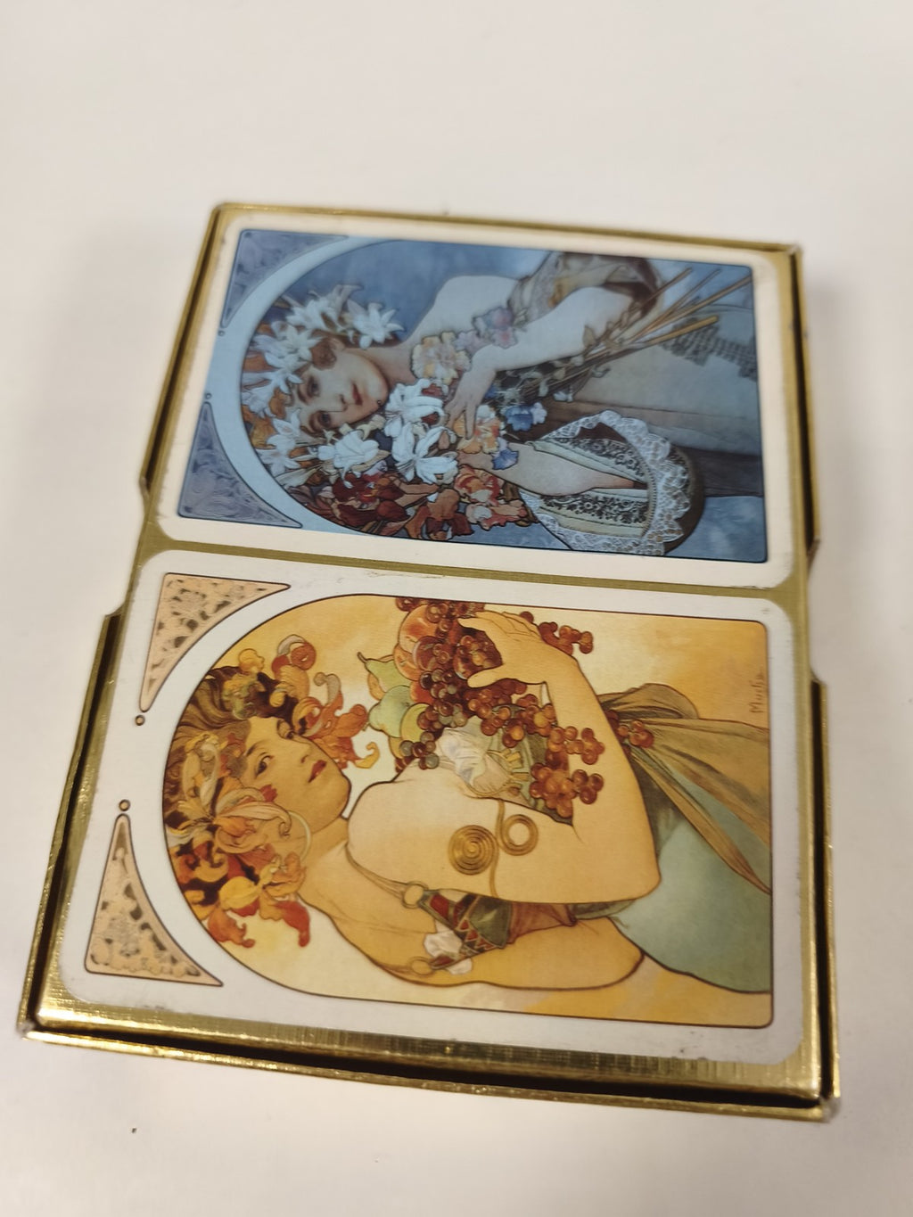 Ancien jeu de cartes double Piatnik Autriche coffret doré A. Mucha