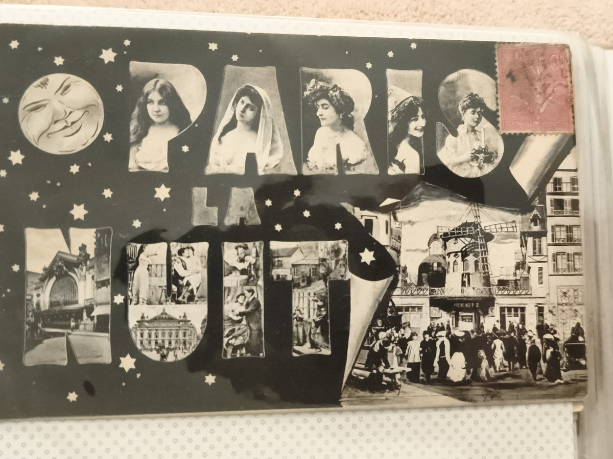 Carte postale ancienne Paris la Nuit CPA, montage photo vintage, timbre