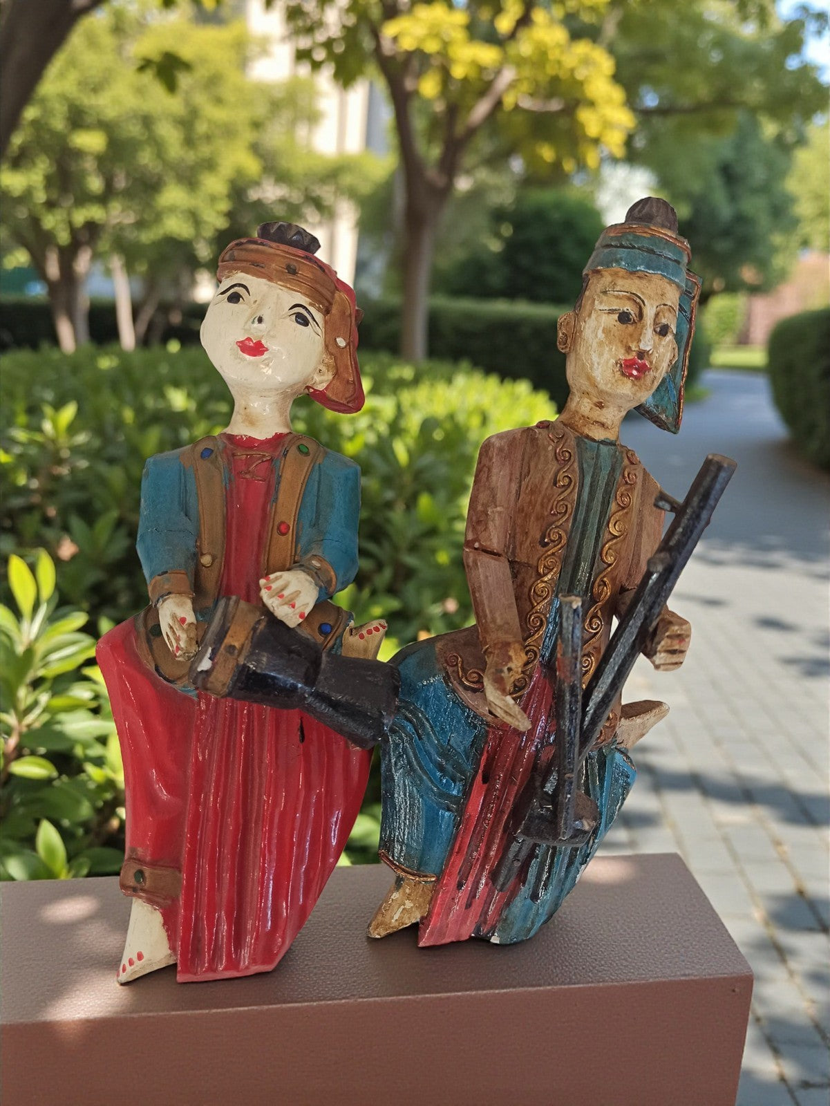 Lot of 2 old vintage Burmese statues? Colorful Asia decor sculptures